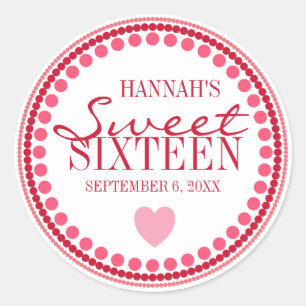 Heart & Dots Sweet 16 Red & Pink Custom Classic Round Sticker