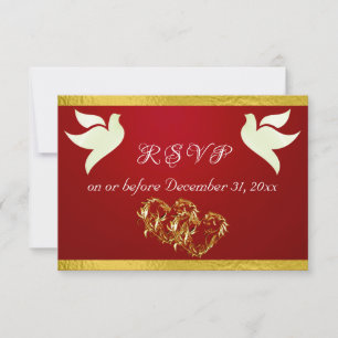 Heart, Doves & Ribbon - Crimson/Gold RSVP Card