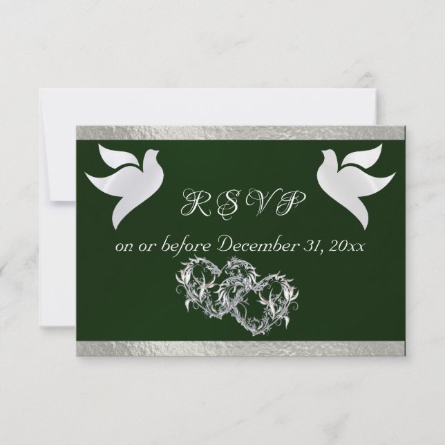 Heart, Doves & Ribbon - Emerald/Silver RSVP Card (Front)