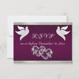 Heart, Doves & Ribbon - Purple/Silver RSVP Card