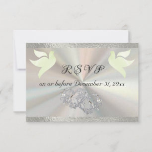 Heart, Doves & Ribbon - White/Silver RSVP Card