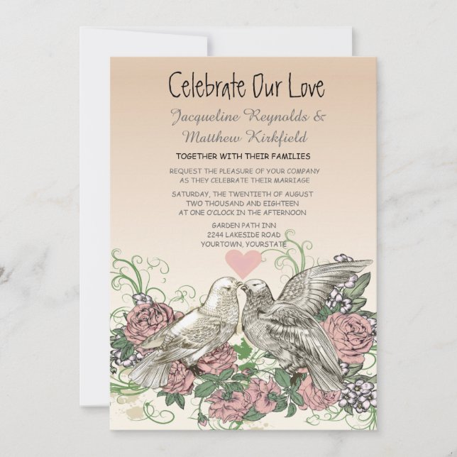Heart Doves Rose Pink Romance Wedding Invitation (Front)