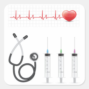 Heart ECG Monitor with Stethoscope and Syringes Square Sticker