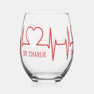 Heart EKG custom name Stemless Wine Glass