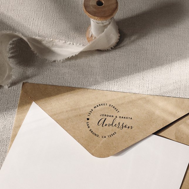 Heart & Elegant Script Newly Weds Return Address Rubber Stamp (Creator Uploaded)