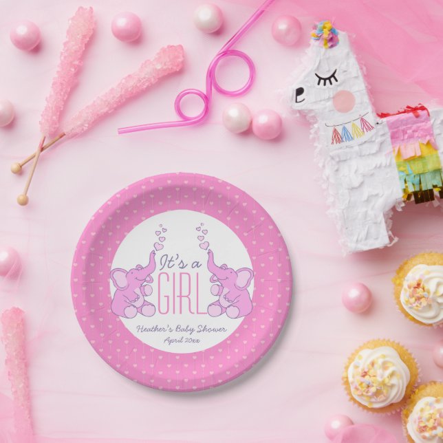 Heart elephants girl baby shower paper plates (Party)