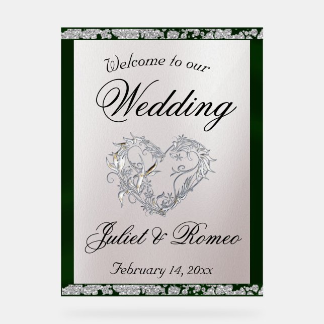 Heart, Emerald Ribbon & Sparkle Welcome Acrylic Sign (Front)
