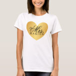 Heart Fab Golden future Mrs. shirt<br><div class="desc">Fun shirt with gold printed heart background. Great to celebrate engagement. Easily add your custom text. Last name as shown is double-spaced, use single-space or decrease text size to fit longer names into the heart. *Please note there are lighter colour specs inside the heart, this is not a defect, this...</div>