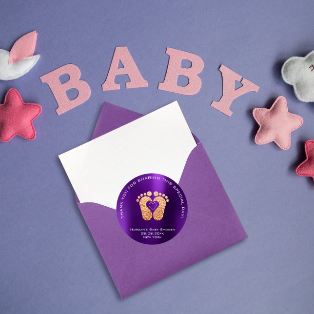 Heart Feet Baby Shower Favor Gift Thank Gold Viole Classic Round Sticker (Creator Uploaded)