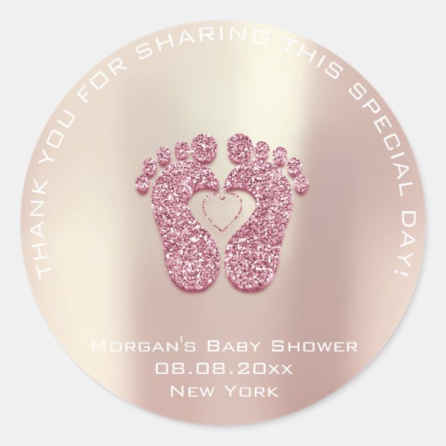 Heart Feet Baby Shower Favour Girl Thank Pink Rose Classic Round Sticker (Front)