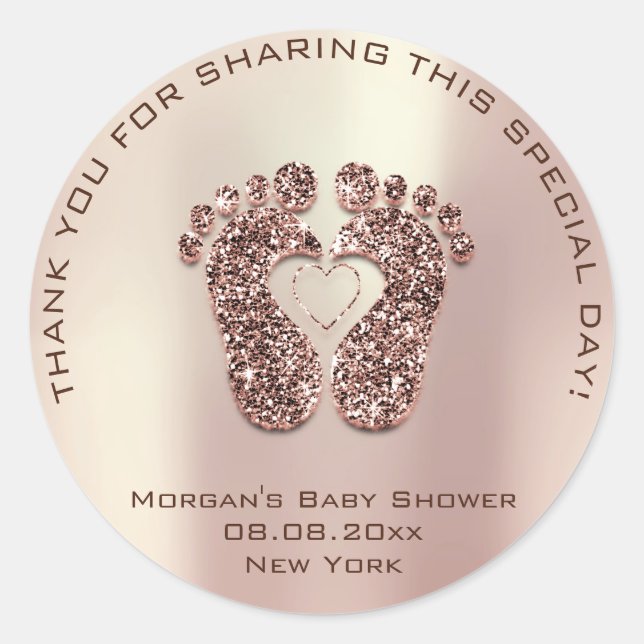 Heart Feet Baby Shower Favour Thank Rose Copper Classic Round Sticker (Front)