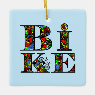 Heart Filled Bike Text Ceramic Ornament