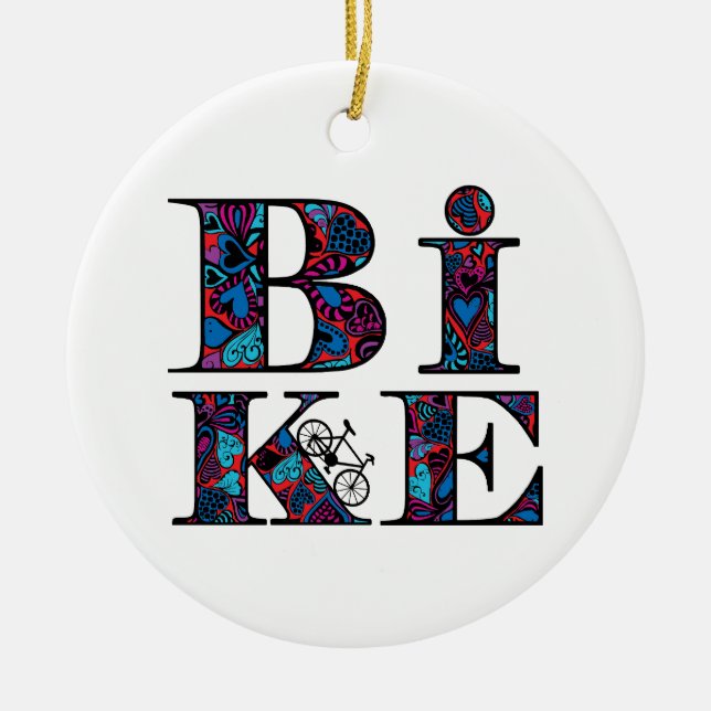 Heart Filled Bike Text Ceramic Ornament (Front)