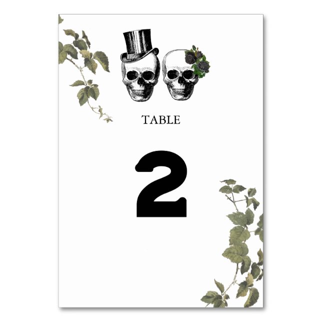 Heart Floral Skulls Wedding Table Number (Front)