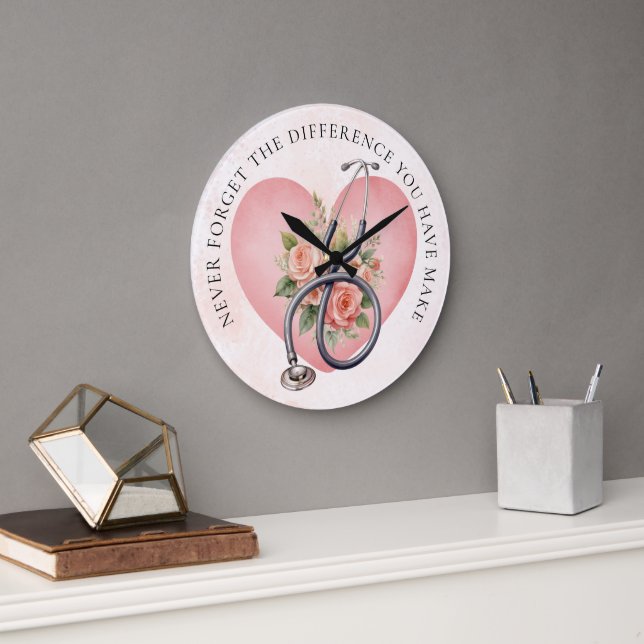 Heart Floral Stethoscope Nurse Office Large Clock (Office)