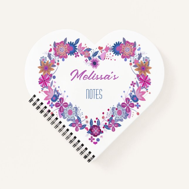 Heart floral wreath pink blue name notebook (Front)