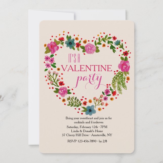 Heart Floral Wreath Valentine Party Invitation (Front)