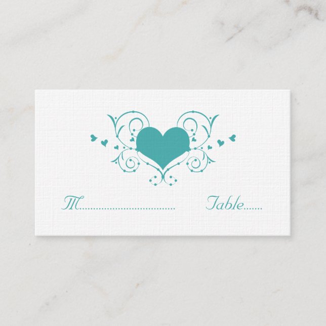 Heart Flourish Place Card, Teal Card (Front)
