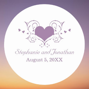 Heart Flourish Wedding Stickers, Purple Classic Round Sticker