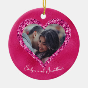 Heart Frame Custom Photo Hot Pink with Diamonds Ceramic Ornament