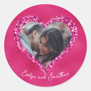 Heart Frame Custom Photo Hot Pink with Diamonds Classic Round Sticker
