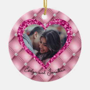 Heart Frame Custom Photo Pink Cushion & Diamonds Ceramic Ornament