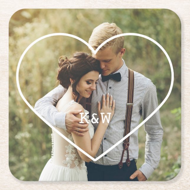 Heart Frame Modern Monogram Photo Square Paper Coaster (Front)