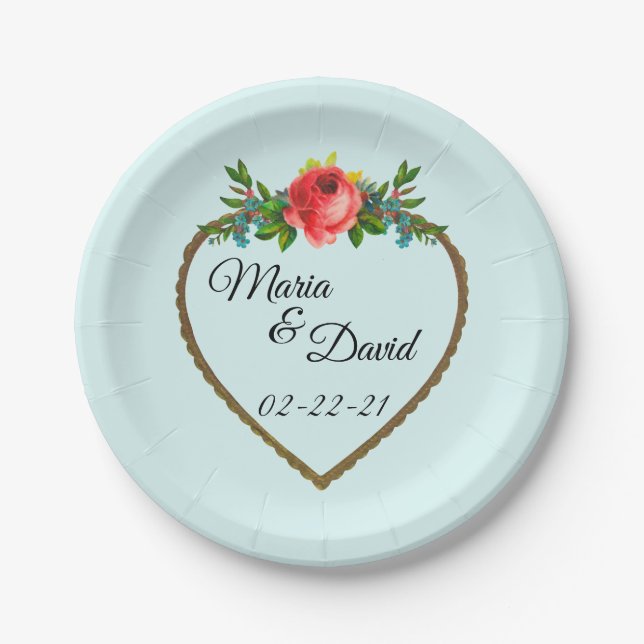 Heart Frame With Watercolor Rose Paper Plate (Front)