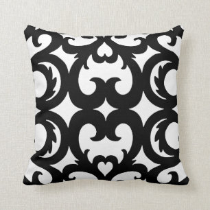 Heart Fretwork Scroll Pattern in Black and White Throw Pillow