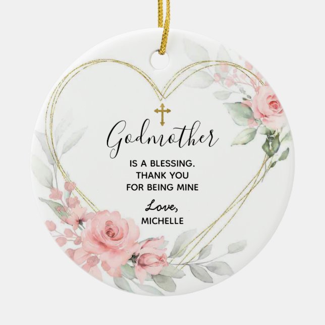 Heart Geometric Blush Pink Floral Godmother Ceramic Ornament (Front)