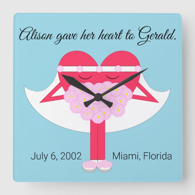 Heart Getting Married Anniversary Square Wall Clock (Front)