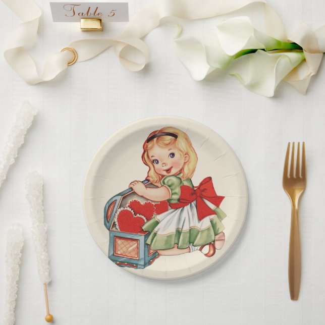 Heart Girl Child Retro Cute Children Paper Plate (Wedding)