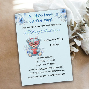 Heart Glasses Teddy Bear Blue Baby Shower Invite