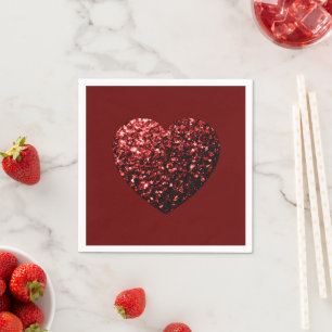 Heart glitter sparkles dark red Valentines Napkin