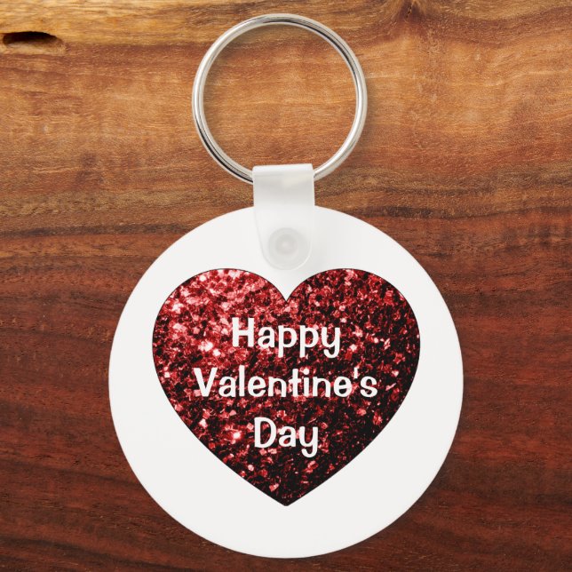Heart Glitter sparkles Happy Valentine's Day white Keychain (Front)