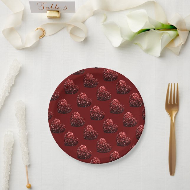 Heart glitter sparkles pattern dark red Valentines Paper Plate (Wedding)