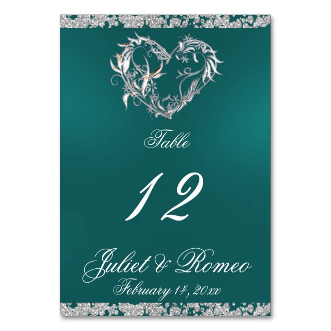 Heart & Glitter - Teal Table Number (Front)
