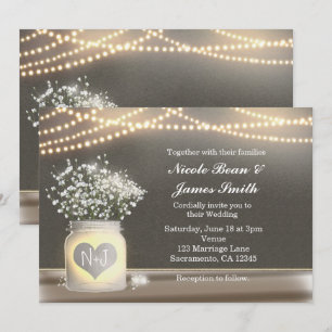 Heart Glowing Mason Jar & Baby's Breath Invitation