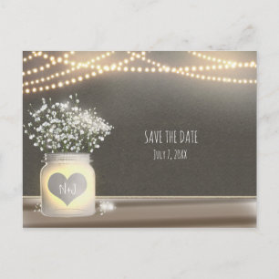Heart Glowing Mason Jar & Baby's Breath Wedding Announcement Postcard