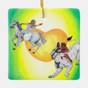 Heart God riding Lioness Goddess riding a Unicorn Ceramic Ornament