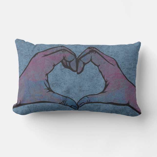 Heart Hands on Blue Background Lumbar Pillow (Front)