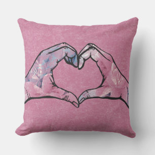 Heart Hands on Pink Background Throw Pillow