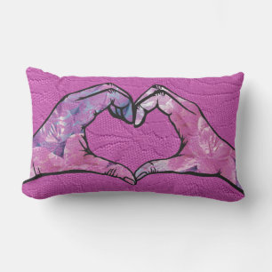 Heart Hands on Pink Lace Background Lumbar Pillow
