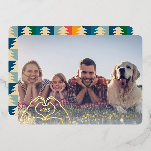 Heart Hands Retro Trees Custom One Photo Gold Foil Holiday Card (Front/Back)