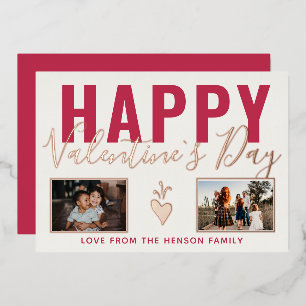 Heart Happy Valentine`s Day Script 2 Photo Collage Foil Holiday Card