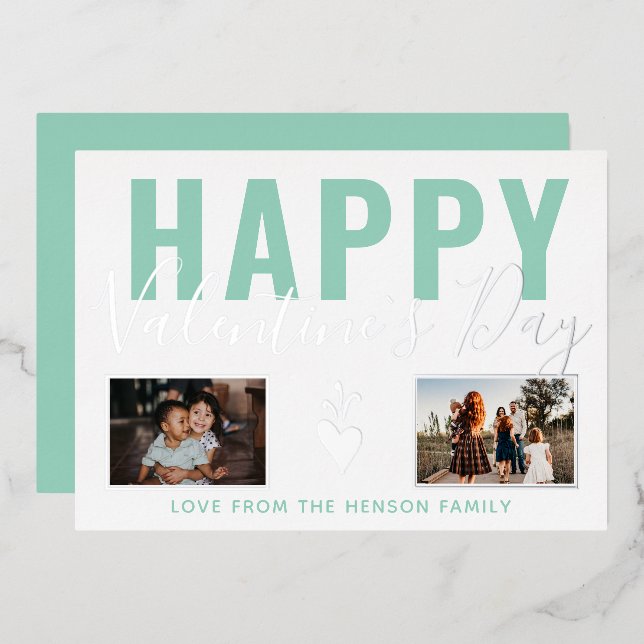 Heart Happy Valentine`s Day Script 2 Photo Collage Foil Holiday Card (Front/Back)