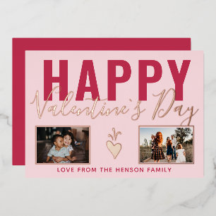 Heart Happy Valentine`s Day Script 2 Photo Collage Foil Holiday Card