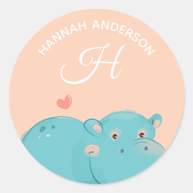 Heart Hippo• Alphabet Monogram Cute School Daycare Classic Round Sticker (Front)