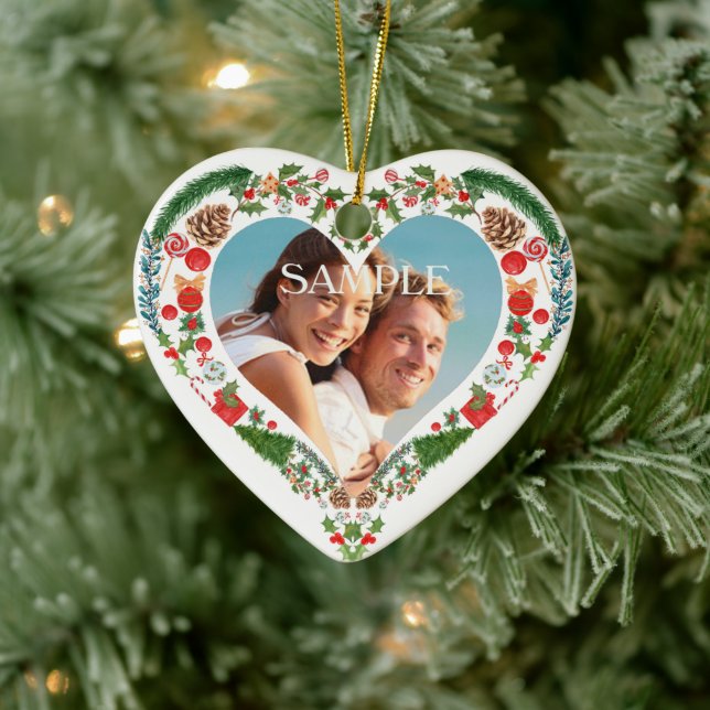 Heart Holiday Wreath Photo Template Ceramic Ornament (Tree)