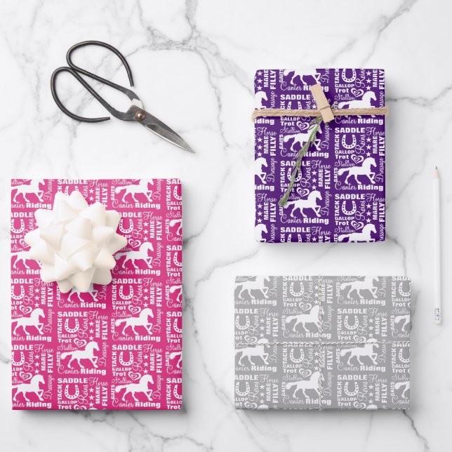 Heart Horse Riding Theme Cute Girly Wrapping Paper Sheet (Front)
